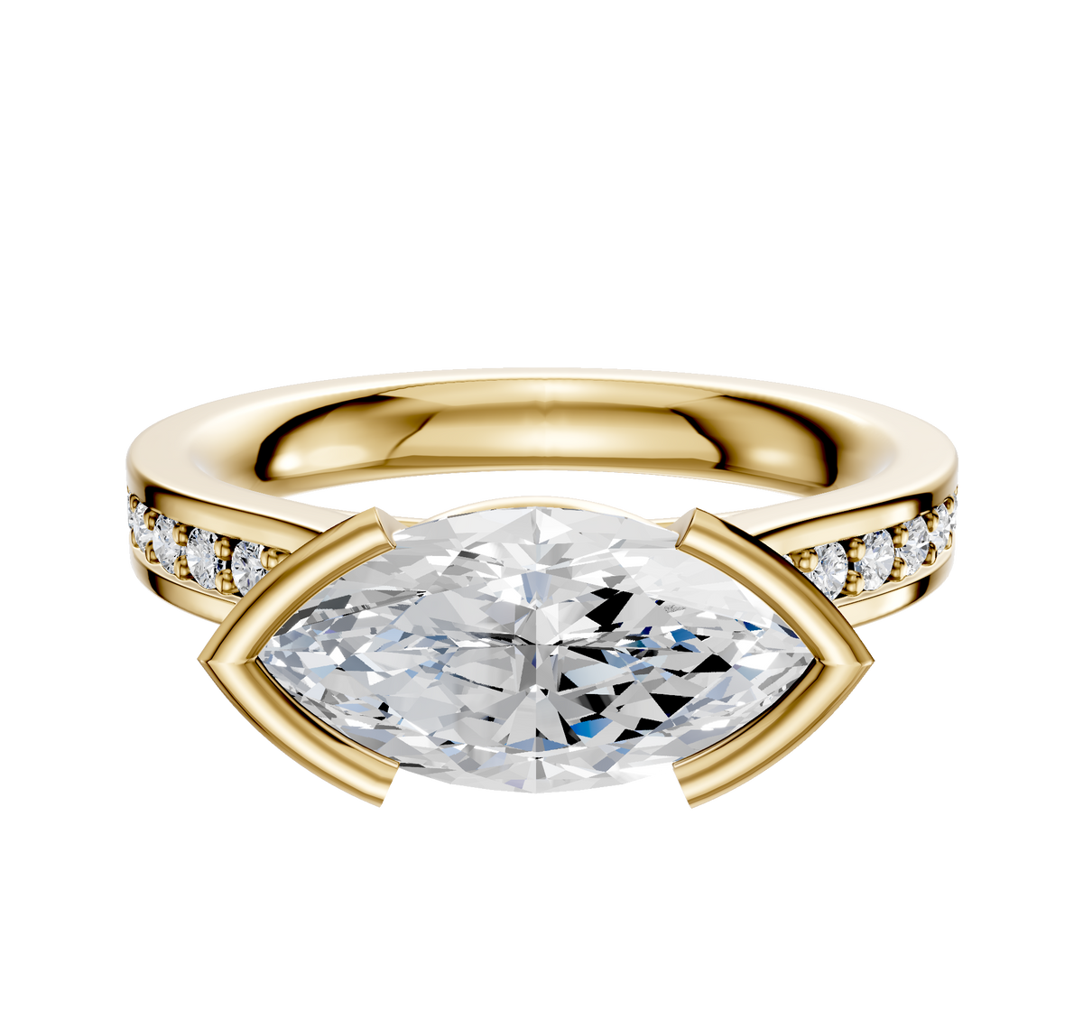 The 18K Yellow Gold Bezel Half Bezel East/West Cathedral Flat 1-Row-Pave 2.5mm Engagement Ring features a unique east/west setting and a row of pave diamonds along the band, crafted in luxurious yellow gold.