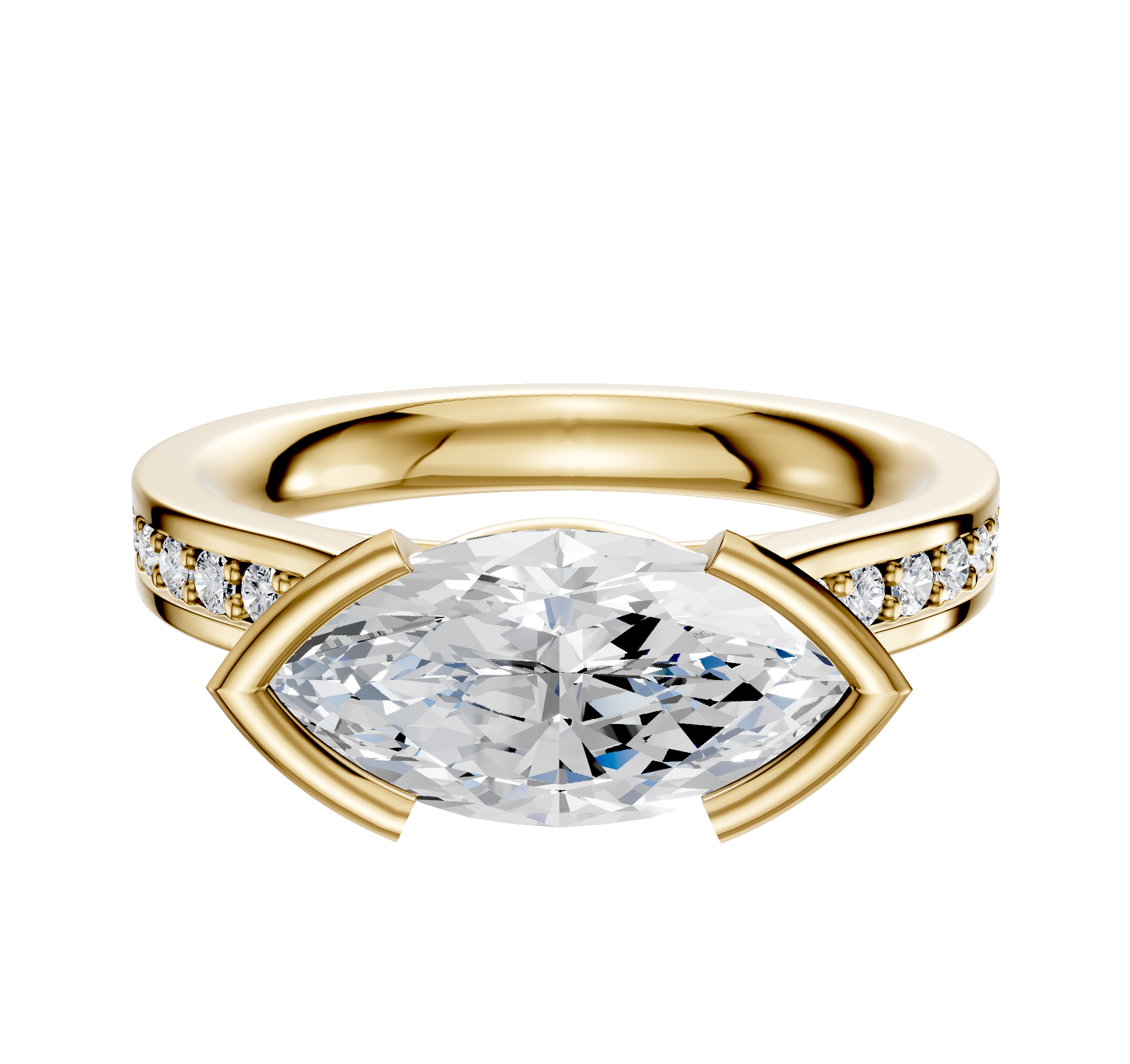 The 18K Yellow Gold Bezel Half Bezel East/West Cathedral Flat 1-Row-Pave 2.5mm Engagement Ring features a unique east/west setting and a row of pave diamonds along the band, crafted in luxurious yellow gold.