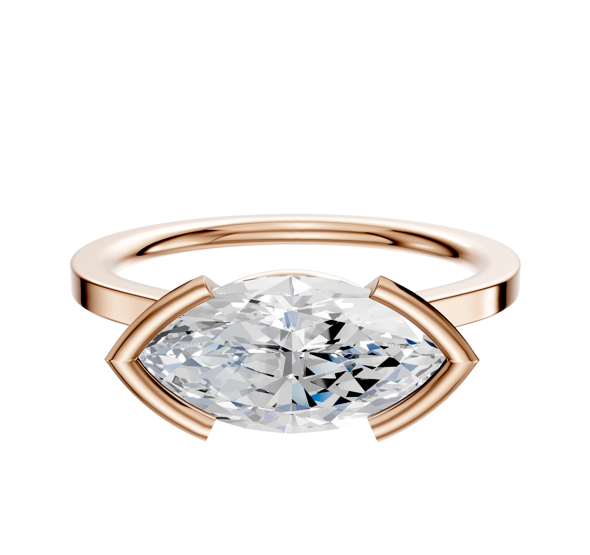 A 14K rose gold bezel half bezel east/west cathedral flat 1.5mm engagement ring is shown with a horizontally set marquise-cut diamond on a plain white background.