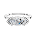 A 14K white gold cathedral engagement ring with a flat 1.5mm band, featuring a marquise-cut diamond in an east/west half bezel setting, displayed on a plain white background.