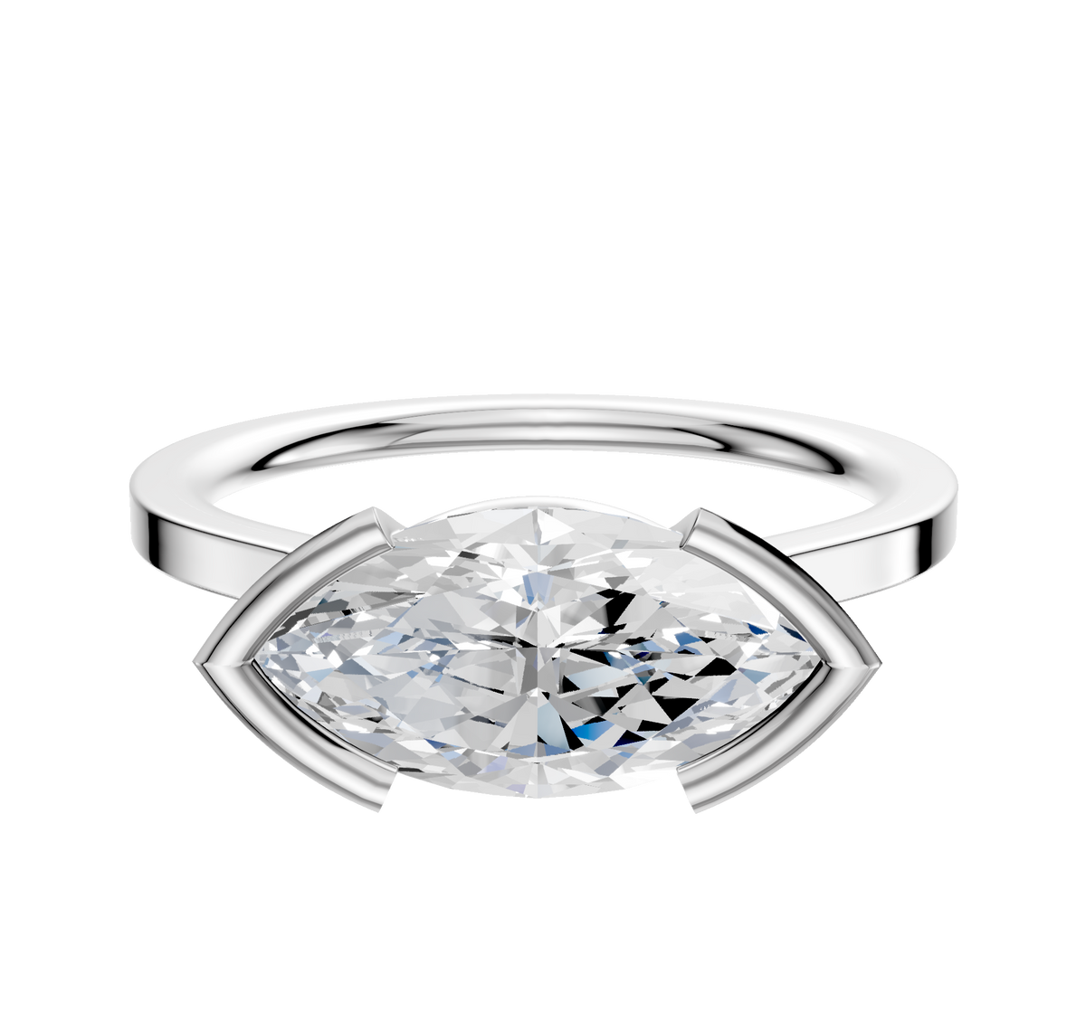A 14K white gold cathedral engagement ring with a flat 1.5mm band, featuring a marquise-cut diamond in an east/west half bezel setting, displayed on a plain white background.