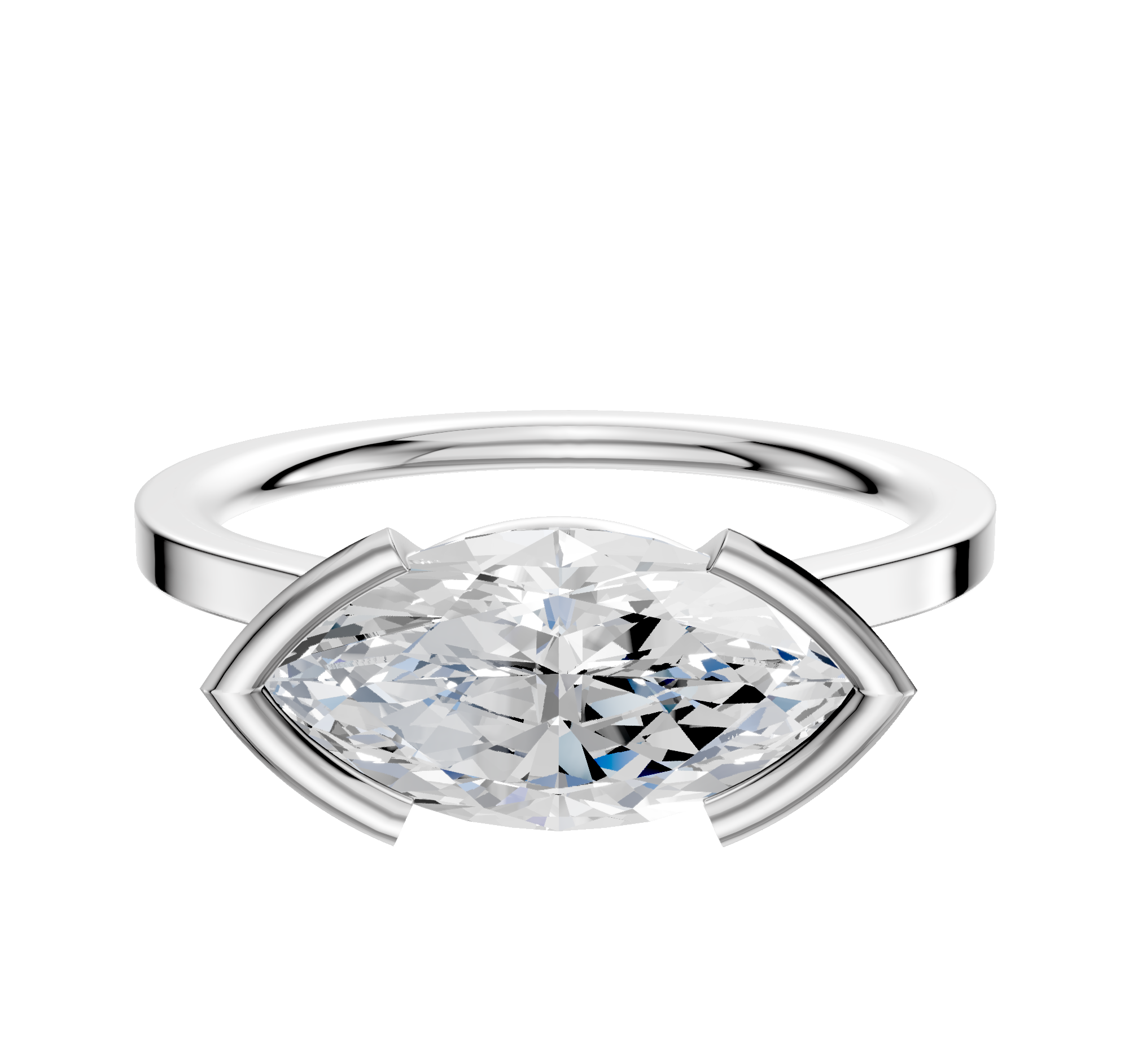 A 14K white gold cathedral engagement ring with a flat 1.5mm band, featuring a marquise-cut diamond in an east/west half bezel setting, displayed on a plain white background.
