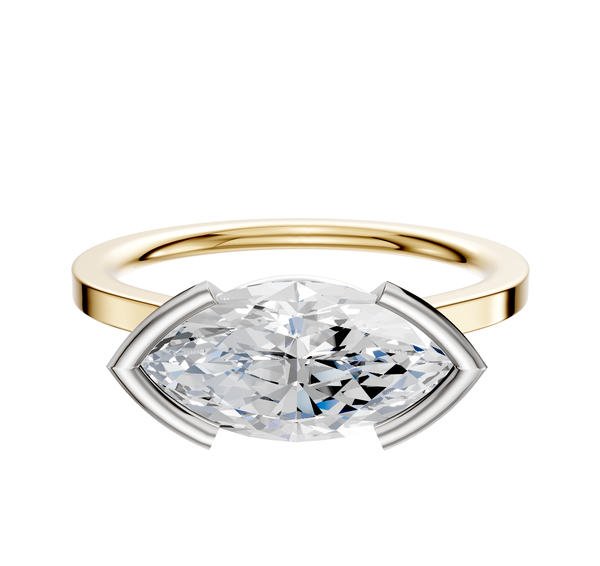 A 14K two tone bezel half bezel East/West cathedral flat 1.5mm engagement ring is shown, featuring a modern horizontal setting and displayed on a simple light background.