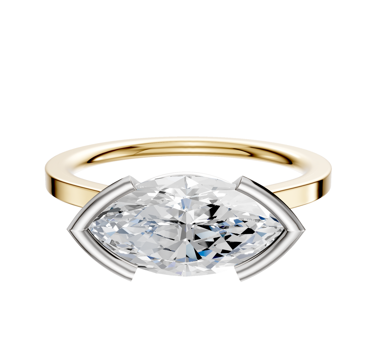 The 18K Two Tone Bezel Half Bezel East/West Cathedral Flat 1.5mm Engagement Ring features a large marquise-cut diamond set horizontally in a white metal prong, showcased on a white background.