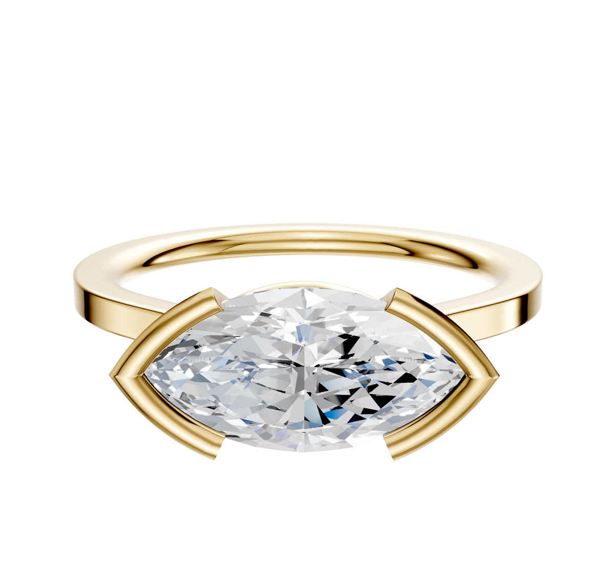A 14K yellow gold Bezel Half Bezel East/West Cathedral Flat 1.5mm engagement ring featuring a horizontally set marquise diamond with unique side prongs, displayed on a plain white background.