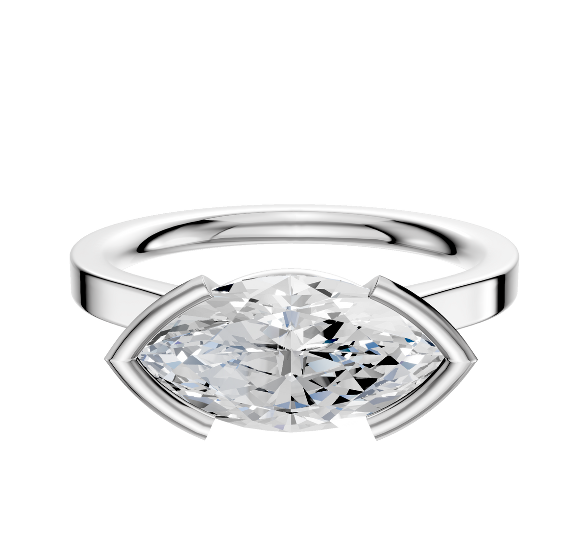 A 14K white gold bezel half bezel East/West cathedral flat 2.0mm engagement ring displays a large marquise-cut diamond set horizontally with minimalist prongs, shown against a plain white background.