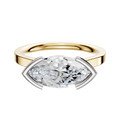 A 14K Two Tone Bezel Half Bezel East/West Cathedral Flat 2.0mm Engagement Ring is shown, featuring a modern geometric setting against a plain white background.