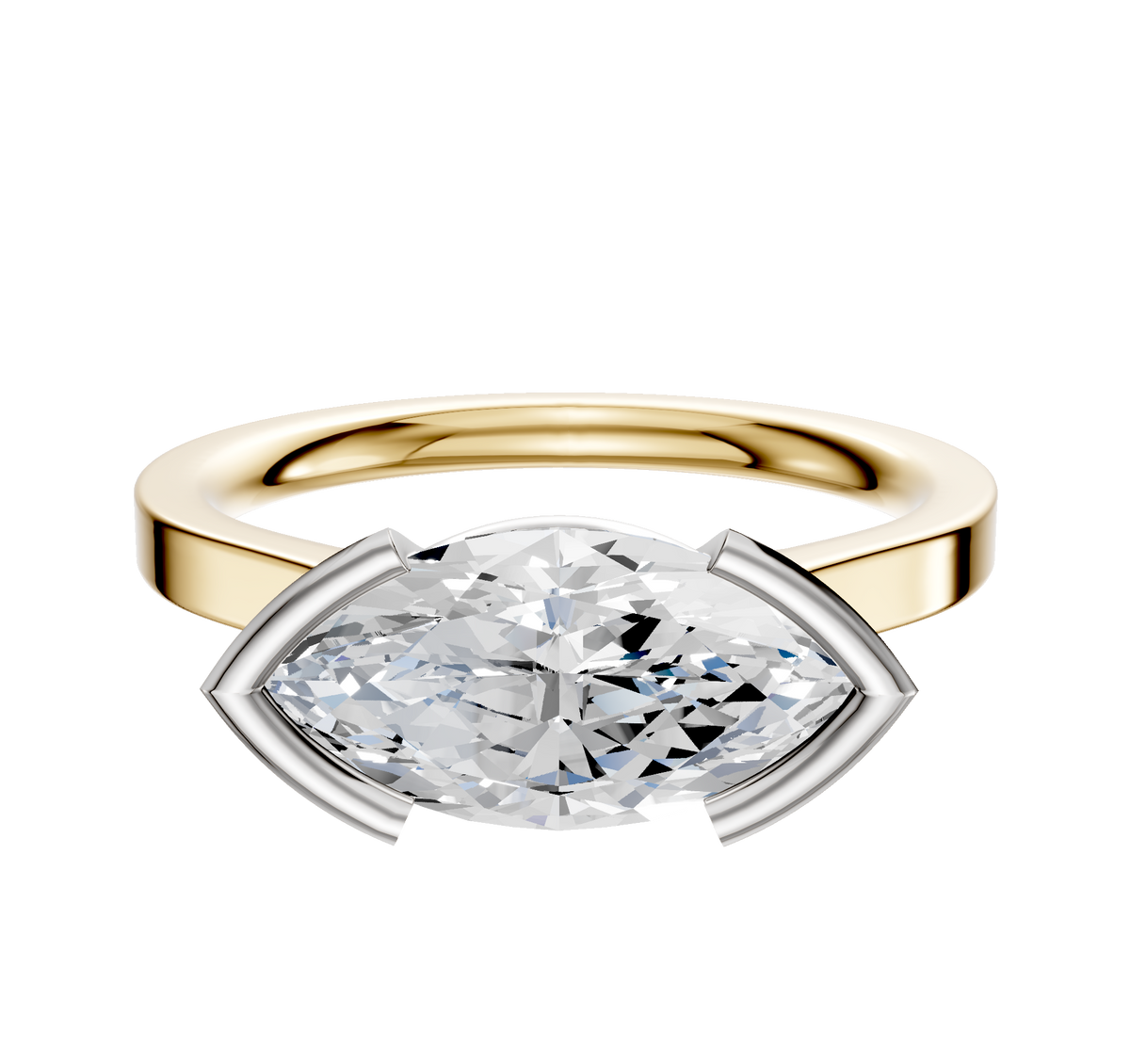 A 14K Two Tone Bezel Half Bezel East/West Cathedral Flat 2.0mm Engagement Ring is shown, featuring a modern geometric setting against a plain white background.