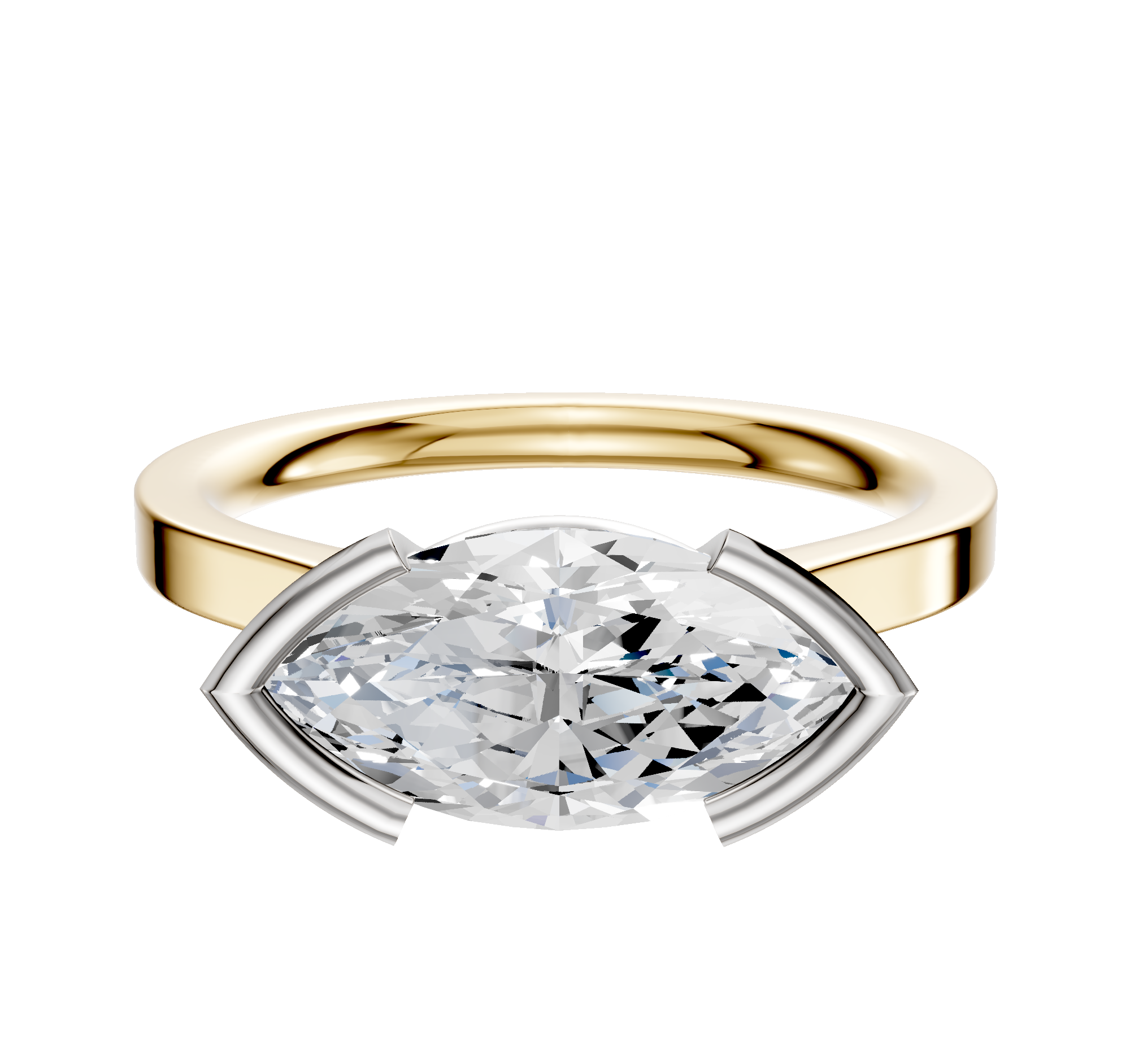 A modern 18K two-tone bezel half bezel East/West cathedral flat 2.0mm engagement ring, featuring a marquise-cut diamond in a minimalist silver prong setting, displayed on a plain white background.