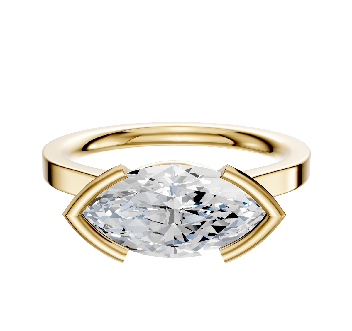 The 14K Yellow Gold Bezel Half Bezel East/West Cathedral Flat 2.0mm Engagement Ring features a horizontally set marquise diamond in a unique open-prong setting, shown against a plain white background.