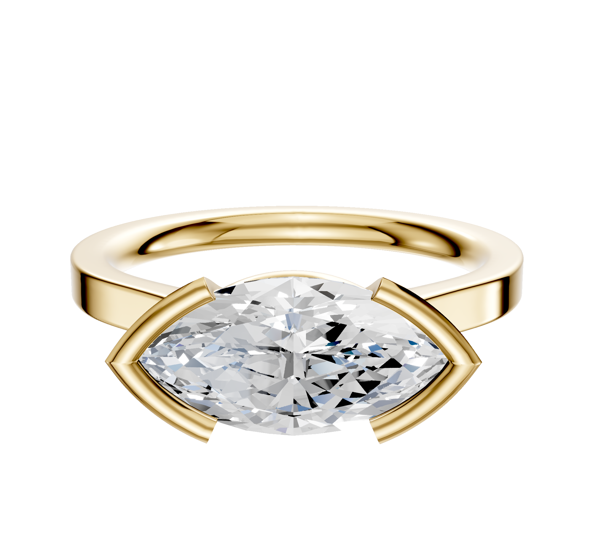 The 18K Yellow Gold Bezel Half Bezel East/West Cathedral Flat 2.0mm Engagement Ring showcases a large marquise-cut clear gemstone set horizontally with modern open-ended prongs, displayed on a plain white background.