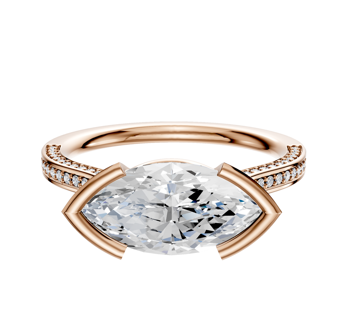 A 14K rose gold engagement ring with a flat cathedral design, featuring an east/west bezel-set center stone and a 3-row pave band adorned with small round diamonds.
