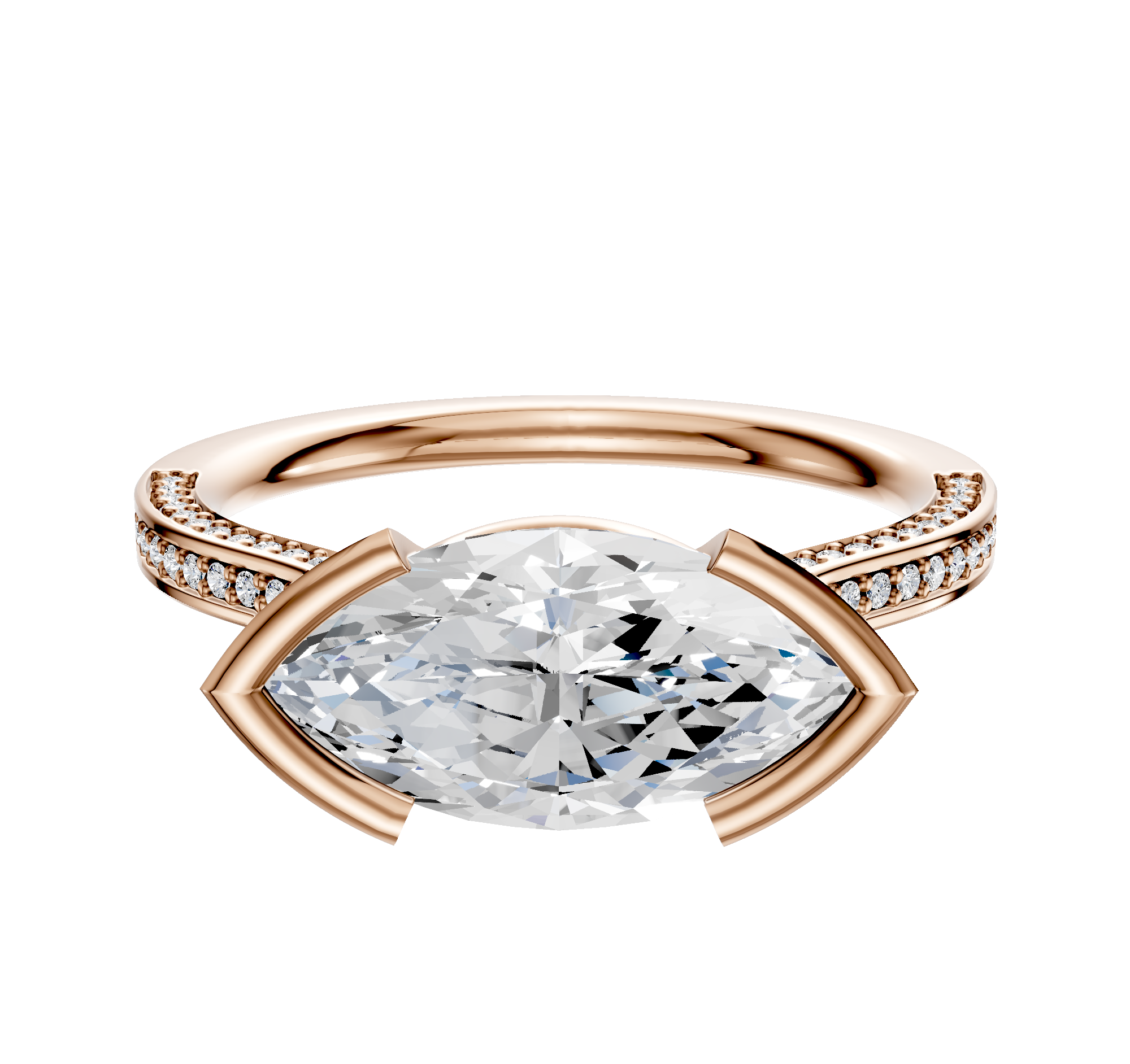 A 14K rose gold engagement ring with a flat cathedral design, featuring an east/west bezel-set center stone and a 3-row pave band adorned with small round diamonds.