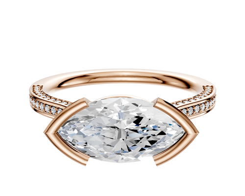 18K Rose Gold Bezel Half Bezel East/West Cathedral Flat 3-Row-Pave 2.0mm Engagement Ring