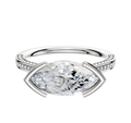 The 14K White Gold Bezel Half Bezel East/West Cathedral Flat 3-Row-Pave 2.0mm Engagement Ring showcases a sleek marquise center with a modern bezel setting and sparkling pave-set diamonds along the band.