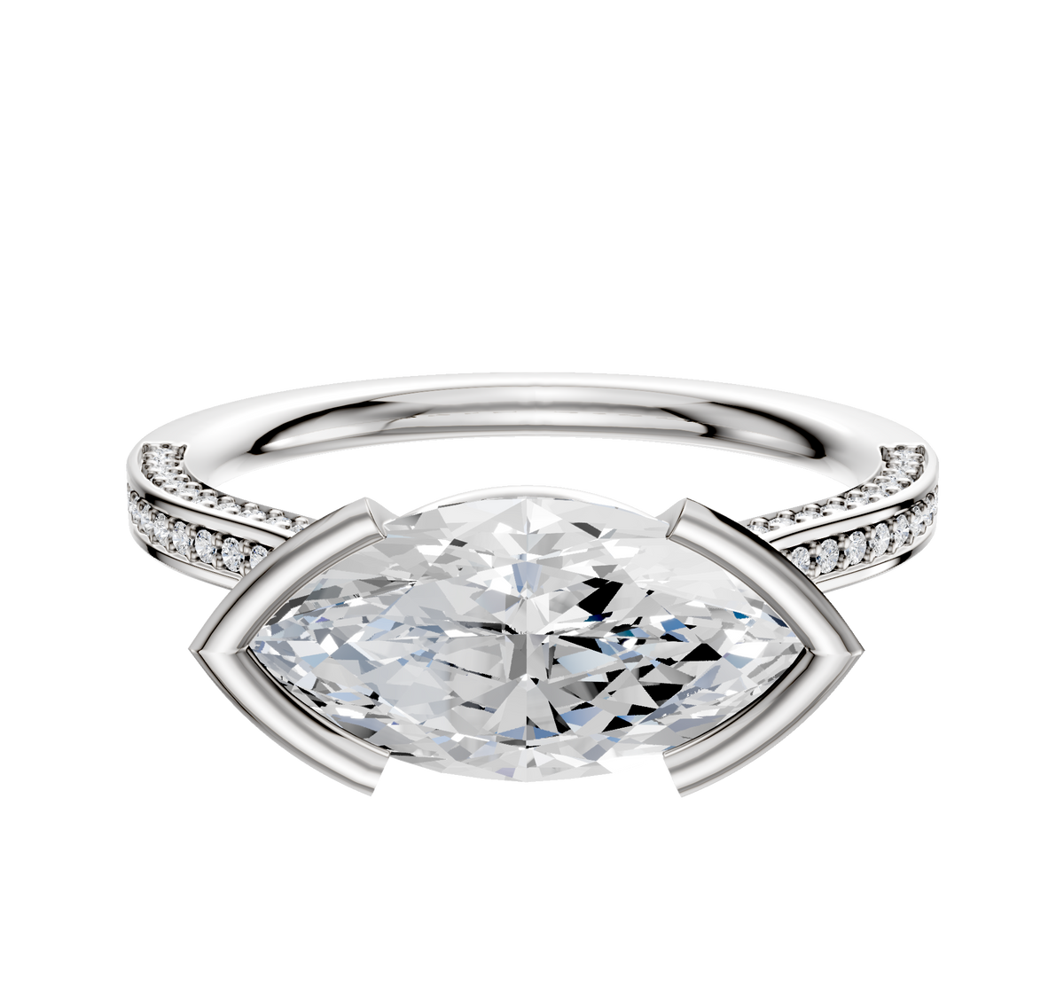 The 14K White Gold Bezel Half Bezel East/West Cathedral Flat 3-Row-Pave 2.0mm Engagement Ring showcases a sleek marquise center with a modern bezel setting and sparkling pave-set diamonds along the band.