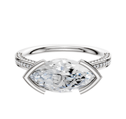 The 14K White Gold Bezel Half Bezel East/West Cathedral Flat 3-Row-Pave 2.0mm Engagement Ring showcases a sleek marquise center with a modern bezel setting and sparkling pave-set diamonds along the band.