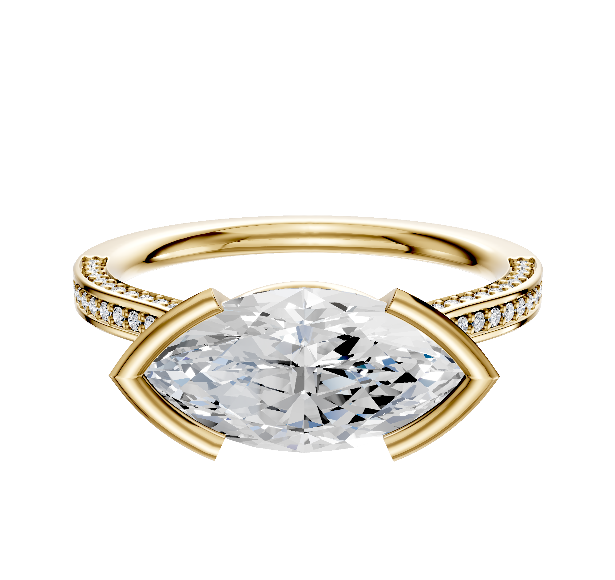 The 14K Yellow Gold Bezel Half Bezel East/West Cathedral Flat 3-Row-Pave 2.0mm Engagement Ring features a modern setting with sparkling pave diamonds along the band, offering an elegant and contemporary design.