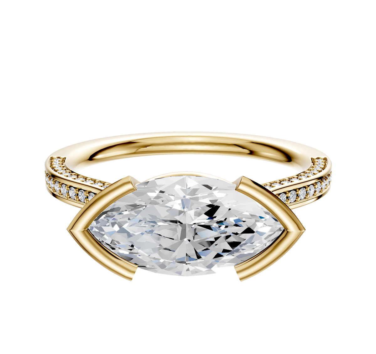 An 18K yellow gold engagement ring features an east/west cathedral setting with a central stone and 3-row pave diamonds along the flat band, shown on a plain white background.