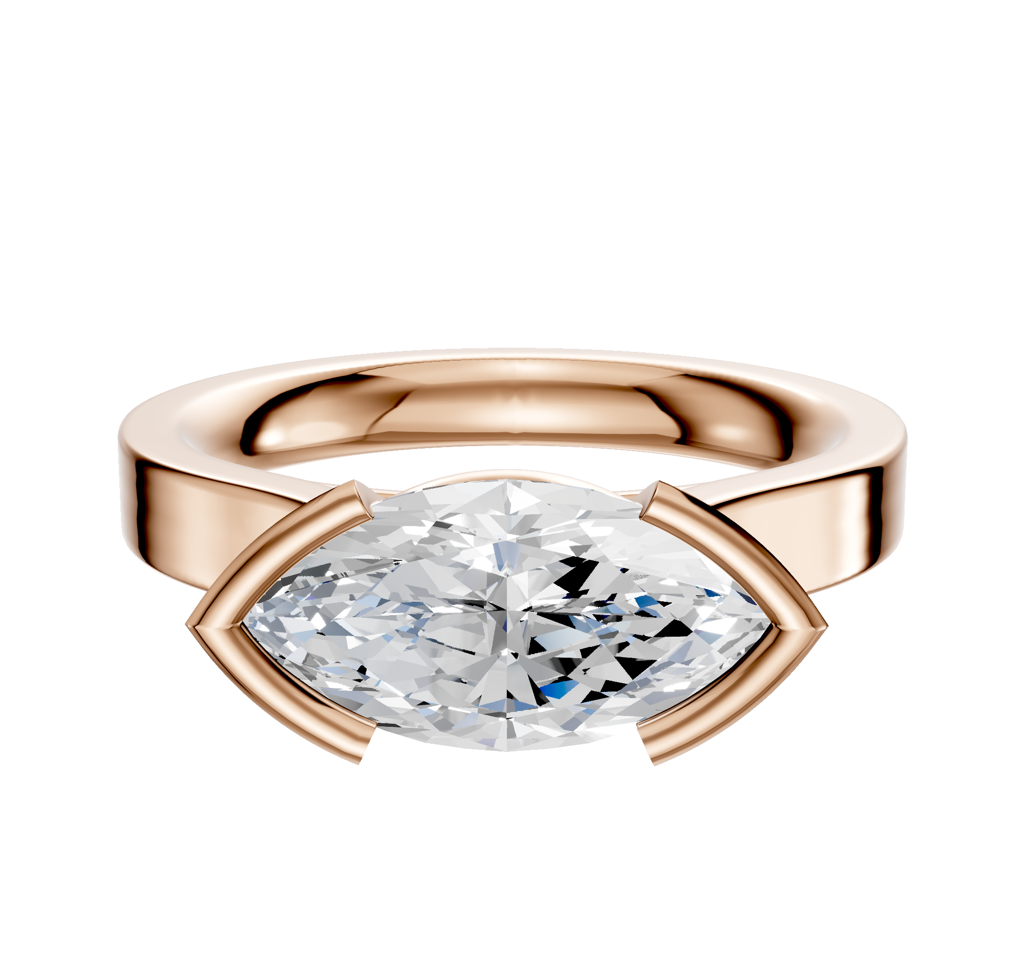 The 14K Rose Gold Bezel Half Bezel East/West Cathedral Flat 3.0mm Engagement Ring features a marquise-cut diamond set horizontally in a modern bezel setting, displayed against a plain white background.