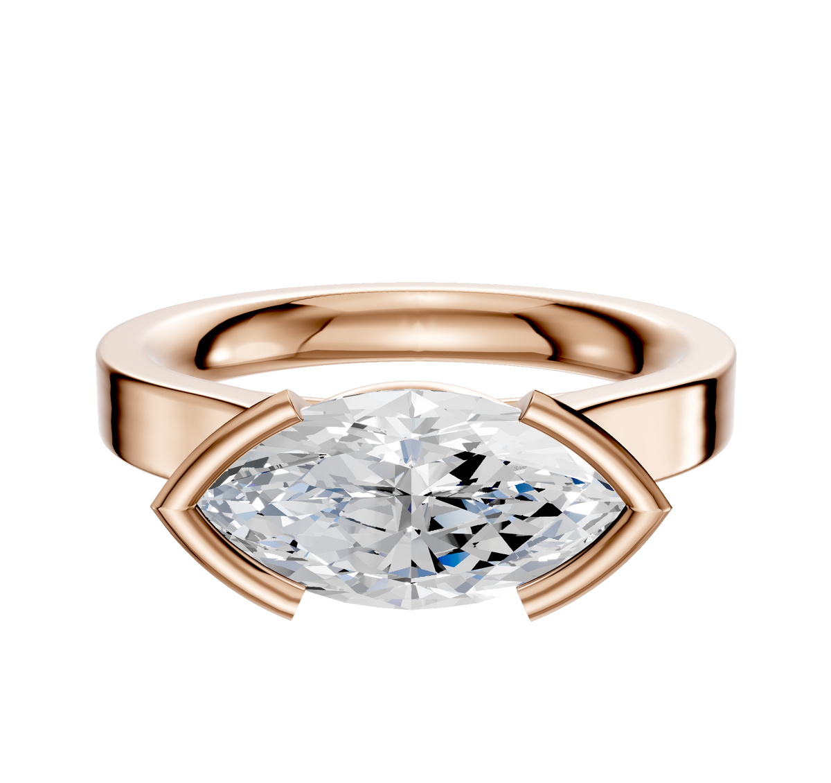 The 18K Rose Gold Bezel Half Bezel East/West Cathedral Flat 3.0mm Engagement Ring features a horizontally set marquise diamond with modern prongs on a polished band, displayed against a white background.