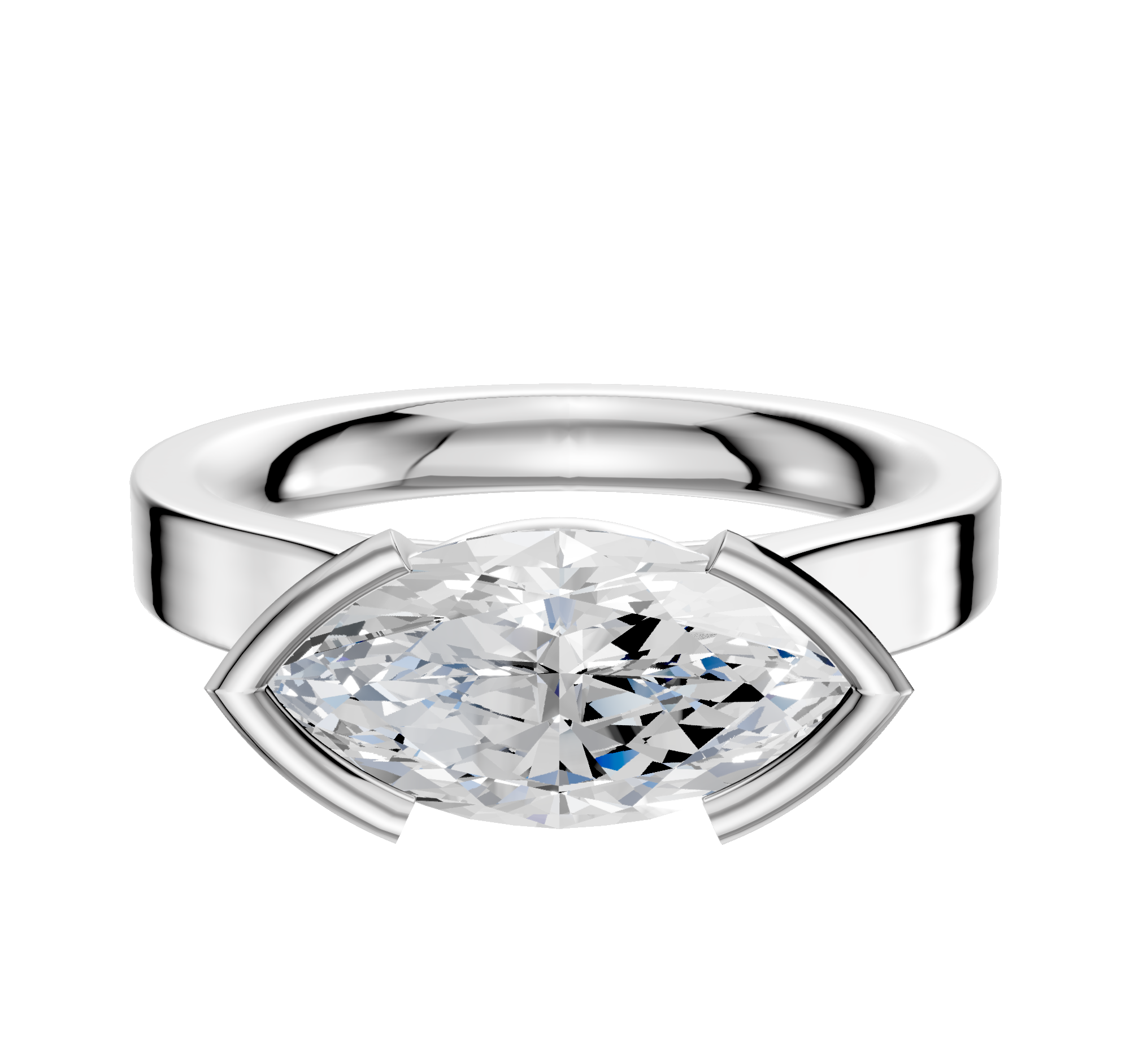 A 14K white gold engagement ring with a 3.0mm marquise diamond set horizontally in a modern half-bezel cathedral setting, displayed against a plain white background.