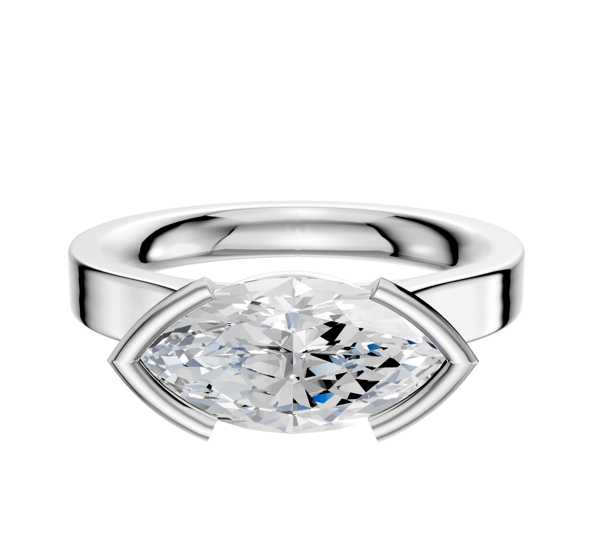 An 18K white gold half bezel east/west cathedral flat 3.0mm engagement ring, featuring a modern design with the diamond set horizontally, displayed against a plain white background.