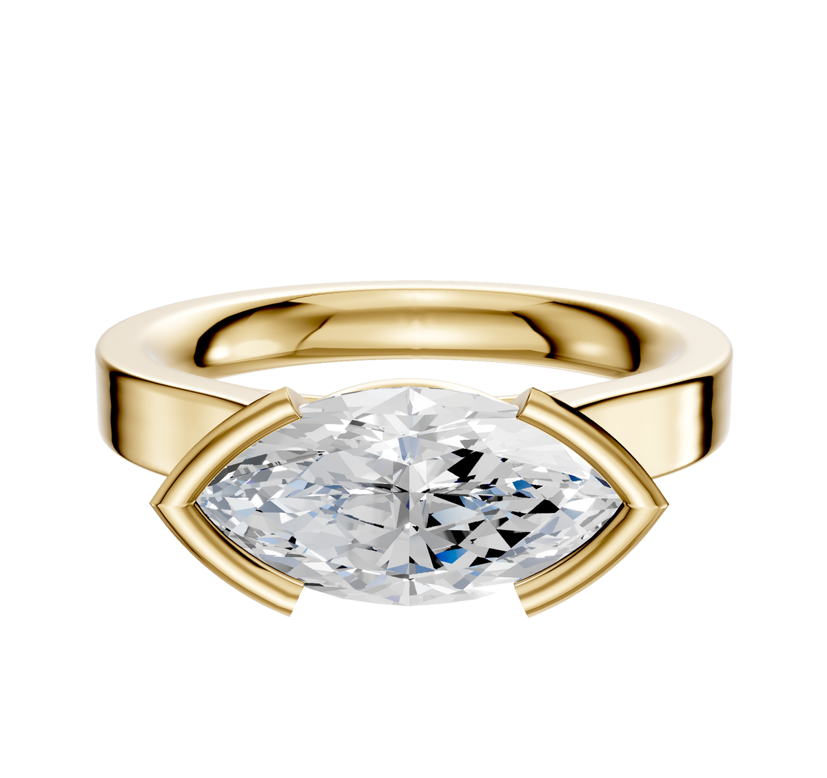 The 14K Yellow Gold Bezel Half Bezel East/West Cathedral Flat 3.0mm Engagement Ring features an oval diamond set horizontally with unique prong settings, shown against a plain white background.