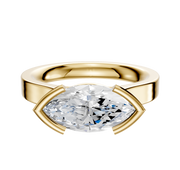 The 14K Yellow Gold Bezel Half Bezel East/West Cathedral Flat 3.0mm Engagement Ring features an oval diamond set horizontally with unique prong settings, shown against a plain white background.