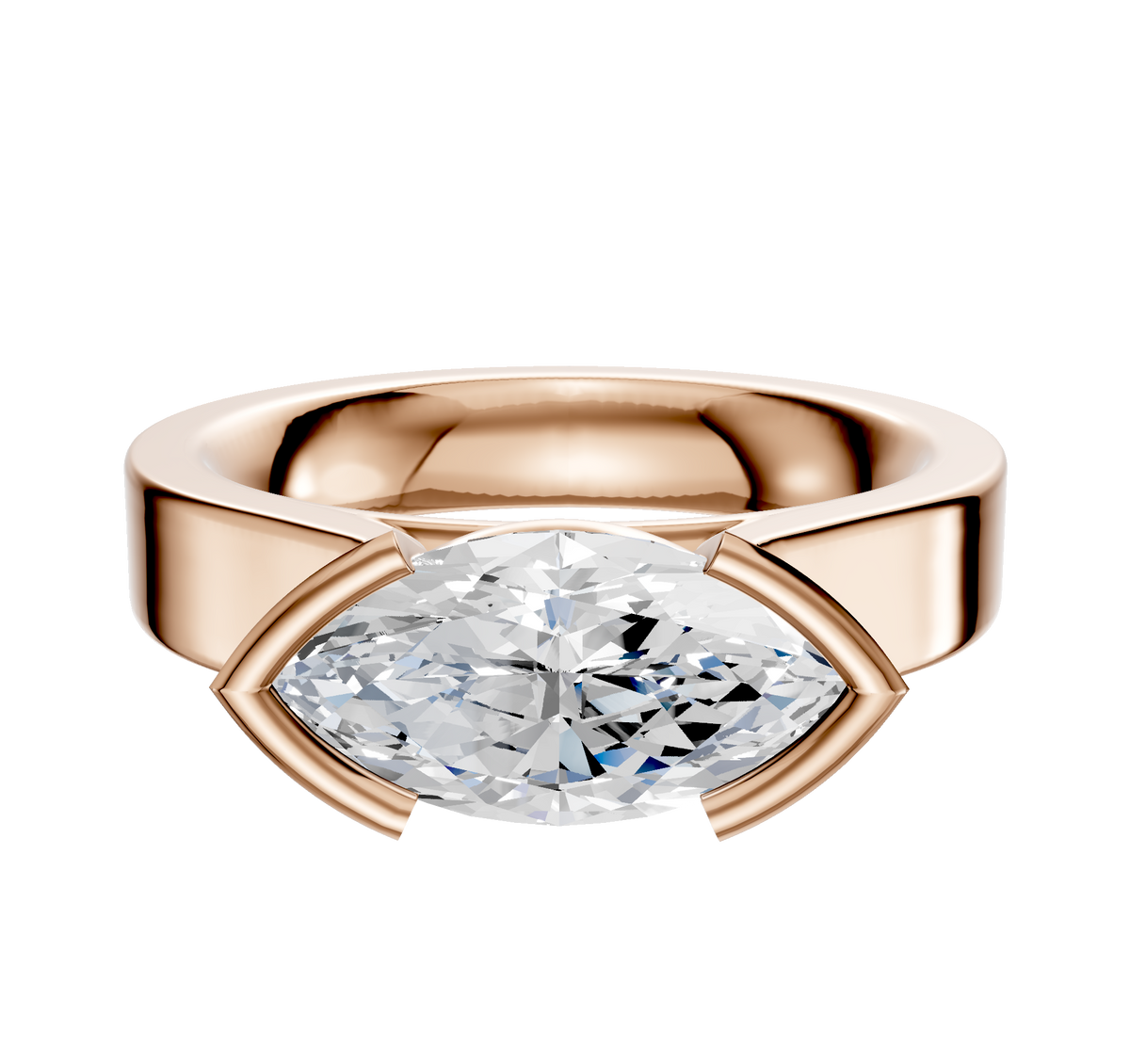The 14K Rose Gold Bezel Half Bezel East/West Cathedral Flat 4.0mm Engagement Ring features a modern, wide band with a horizontally-set marquise diamond, shown against a white background.