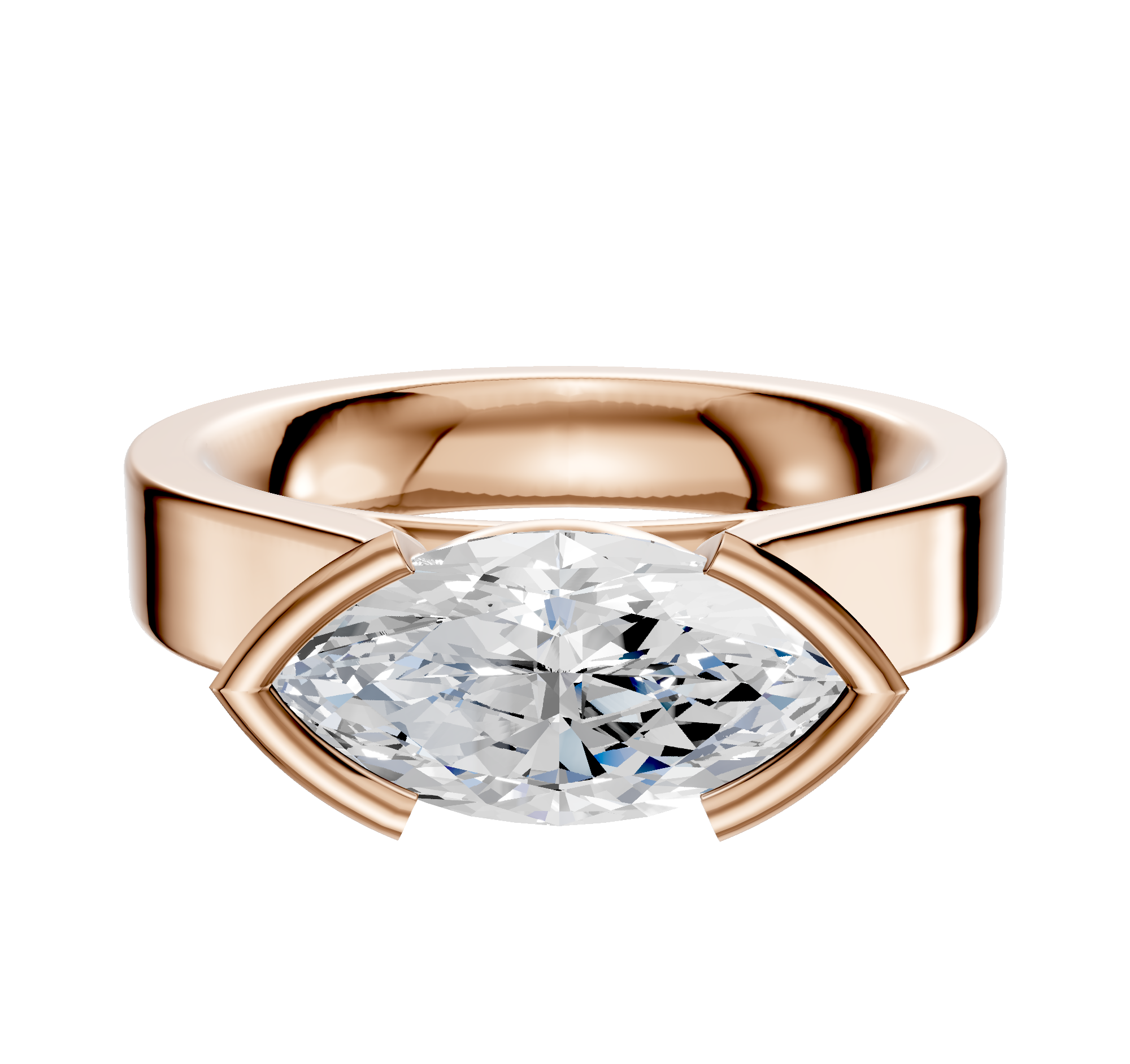 The 18K Rose Gold Bezel Half Bezel East/West Cathedral Flat 4.0mm Engagement Ring showcases a large marquise-cut clear gemstone set horizontally in a modern bezel setting, displayed against a plain white background.