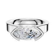 A 14K White Gold Bezel Half Bezel East/West Cathedral Flat 4.0mm Engagement Ring with a thick band and horizontally set marquise-cut diamond in a modern bezel setting, shown against a plain white background.