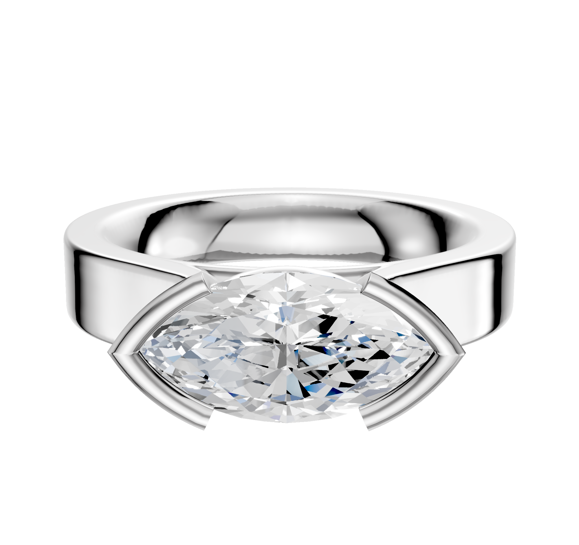 A 14K White Gold Bezel Half Bezel East/West Cathedral Flat 4.0mm Engagement Ring with a thick band and horizontally set marquise-cut diamond in a modern bezel setting, shown against a plain white background.