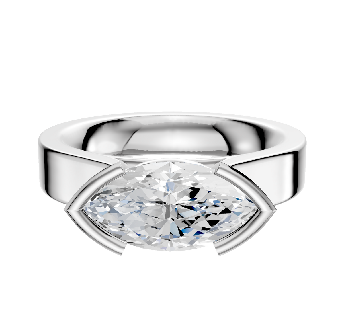 The Platinum Bezel Half Bezel East/West Cathedral Flat 4.0mm Engagement Ring features a wide band and horizontally set gemstone in a modern, geometric bezel setting, displayed against a white background.