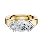 A 14K two-tone bezel half bezel East/West cathedral flat 4.0mm engagement ring is shown with a modern, minimalist design, displayed against a plain white background.