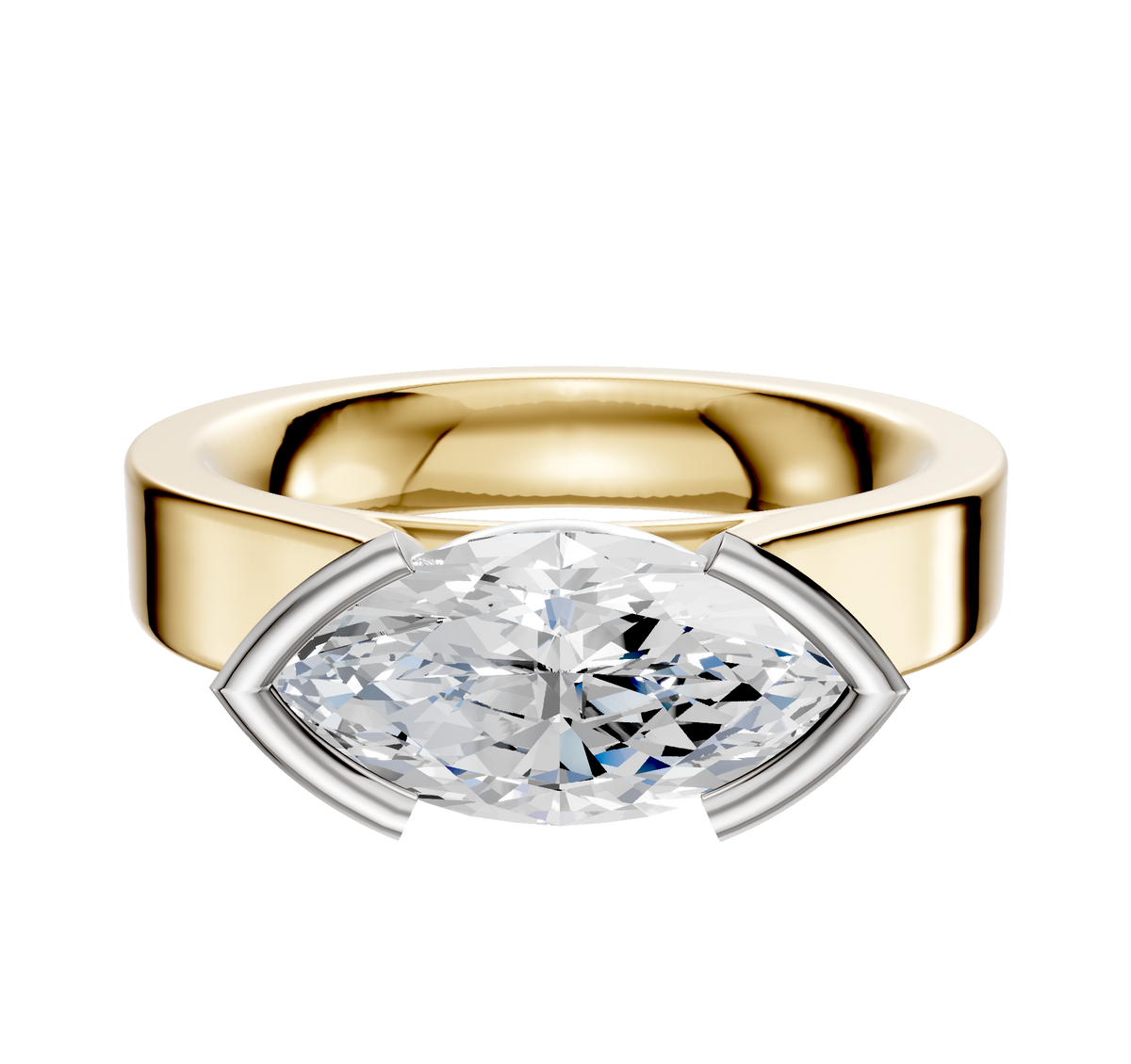 An 18K two-tone bezel half bezel East/West cathedral flat 4.0mm engagement ring featuring a wide band and a prominent center stone in an elegant mixed metal setting.