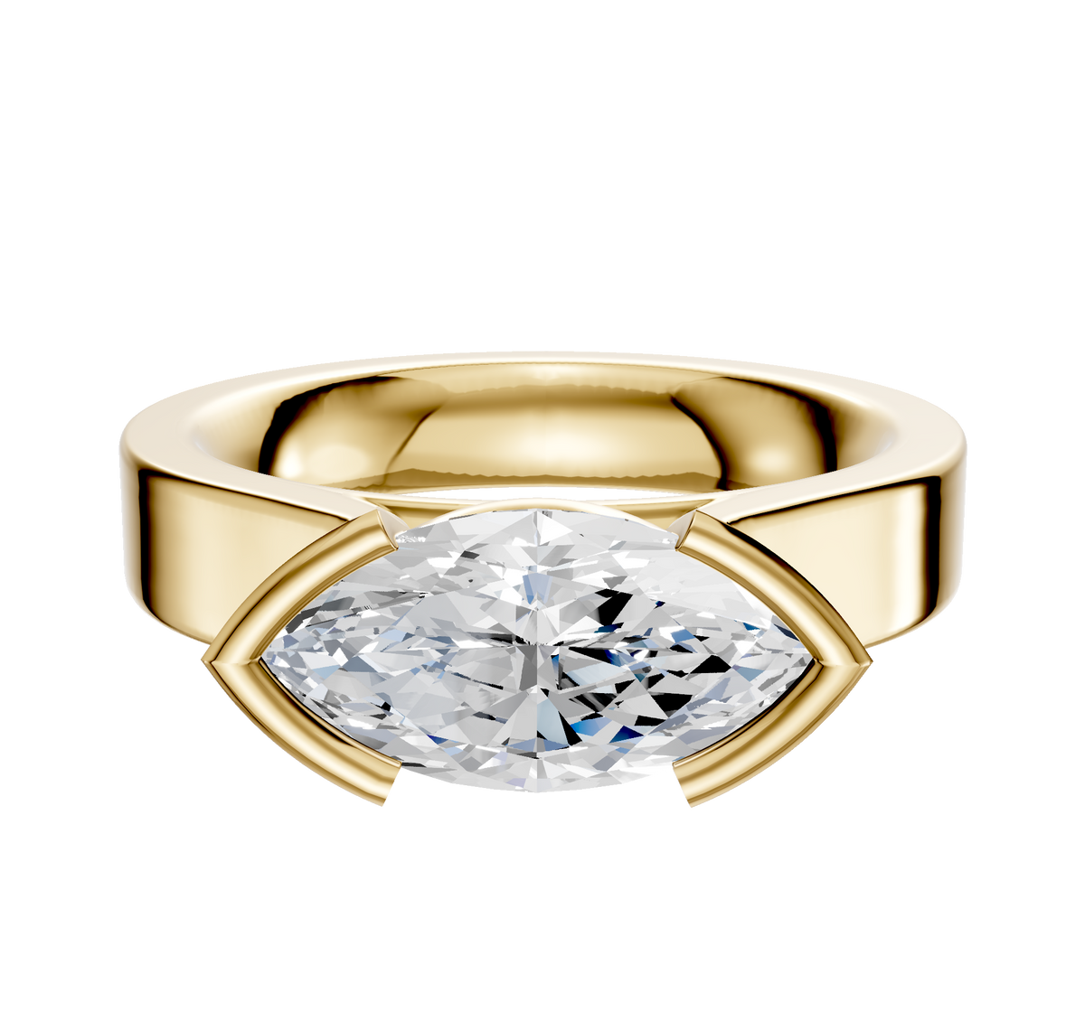 A 14K yellow gold engagement ring with a wide band and a flat, 4.0mm east/west cathedral setting in a modern half bezel style.