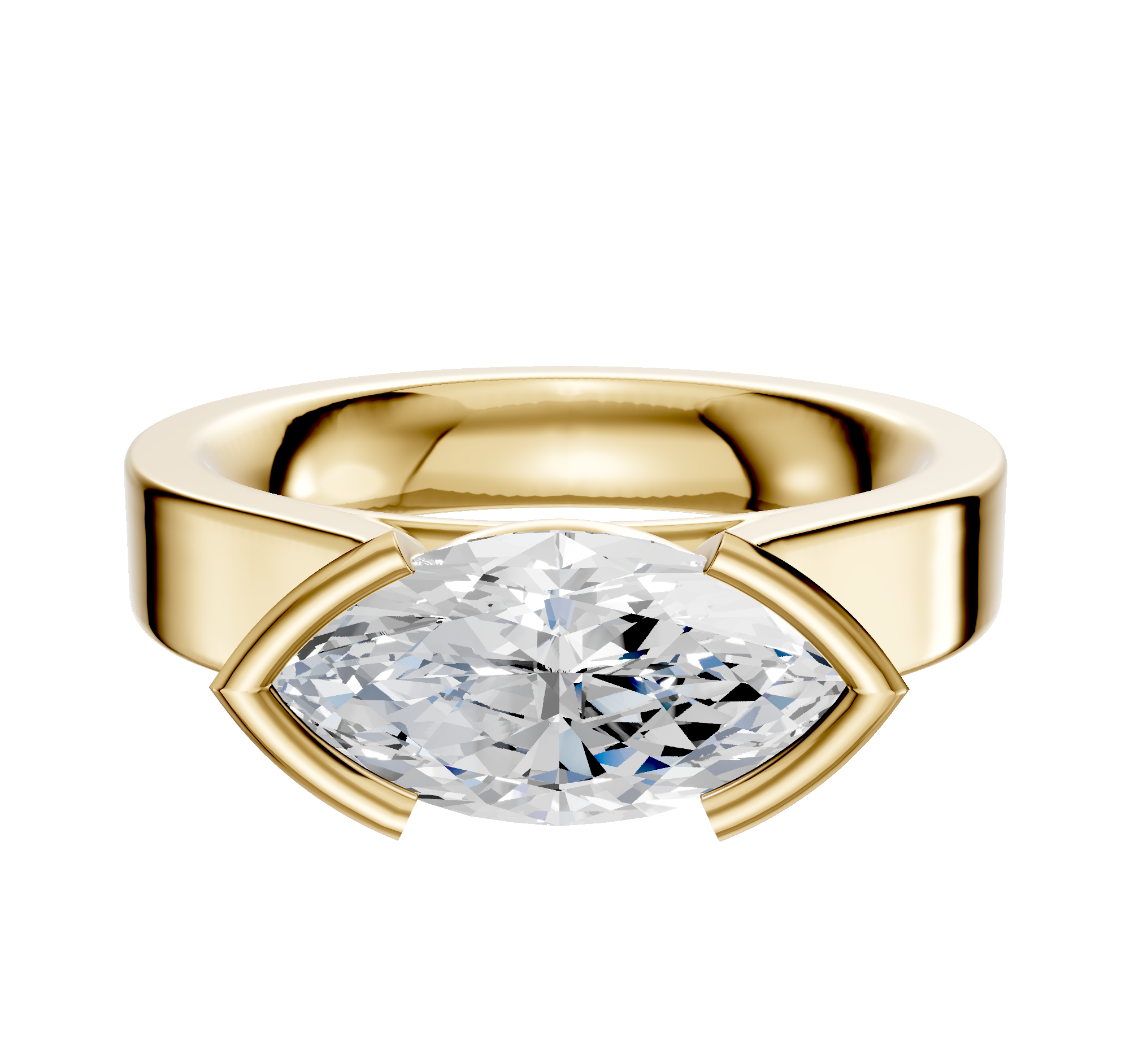 An 18K yellow gold engagement ring with a flat 4.0mm cathedral band in a half bezel east/west setting, shown against a plain white background.