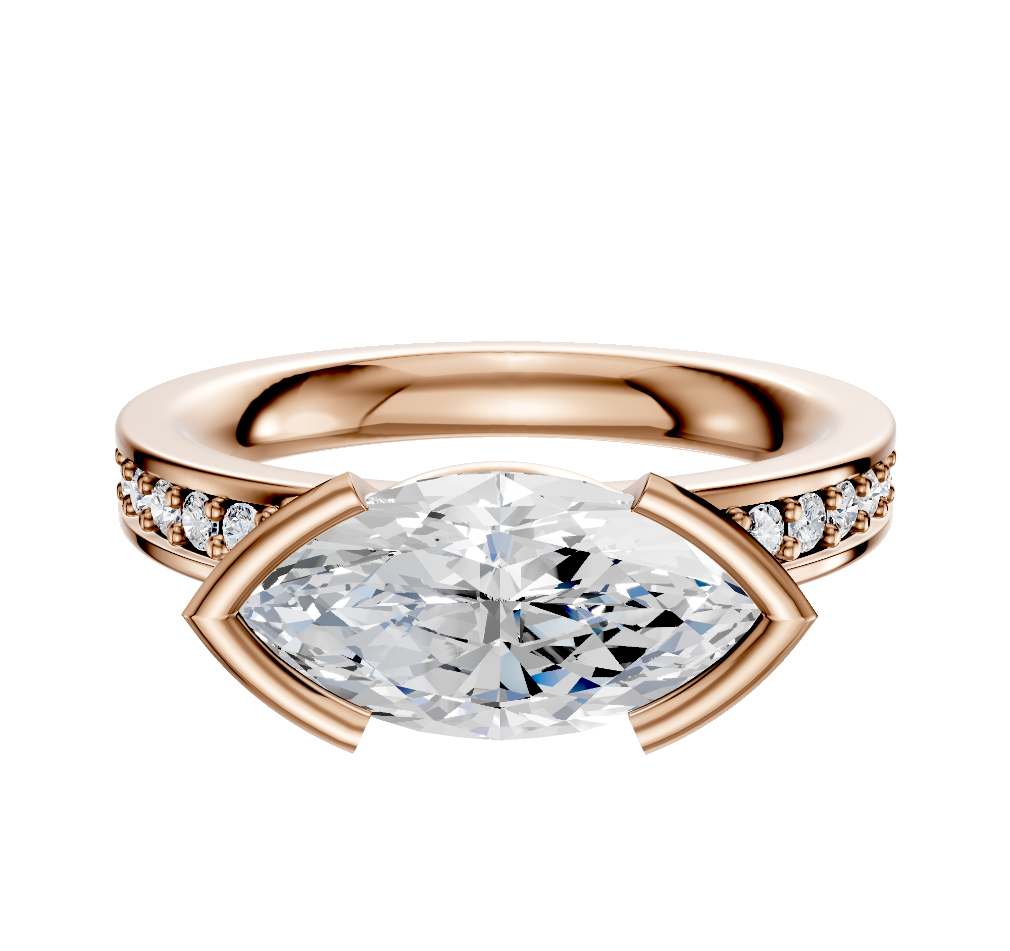 The 14K Rose Gold Bezel Half Bezel East/West Classic Flat 1-Row-Pave 2.5mm Engagement Ring features a central marquise-cut diamond and small round pave diamonds set along the band.