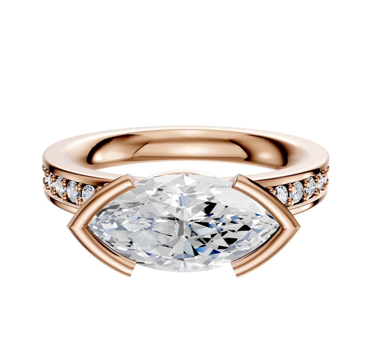 The 18K Rose Gold Bezel Half Bezel East/West Classic Flat 1-Row-Pave 2.5mm Engagement Ring features a sleek rose gold band with a modern east-west setting, adorned with a row of sparkling pave diamonds along the shank.
