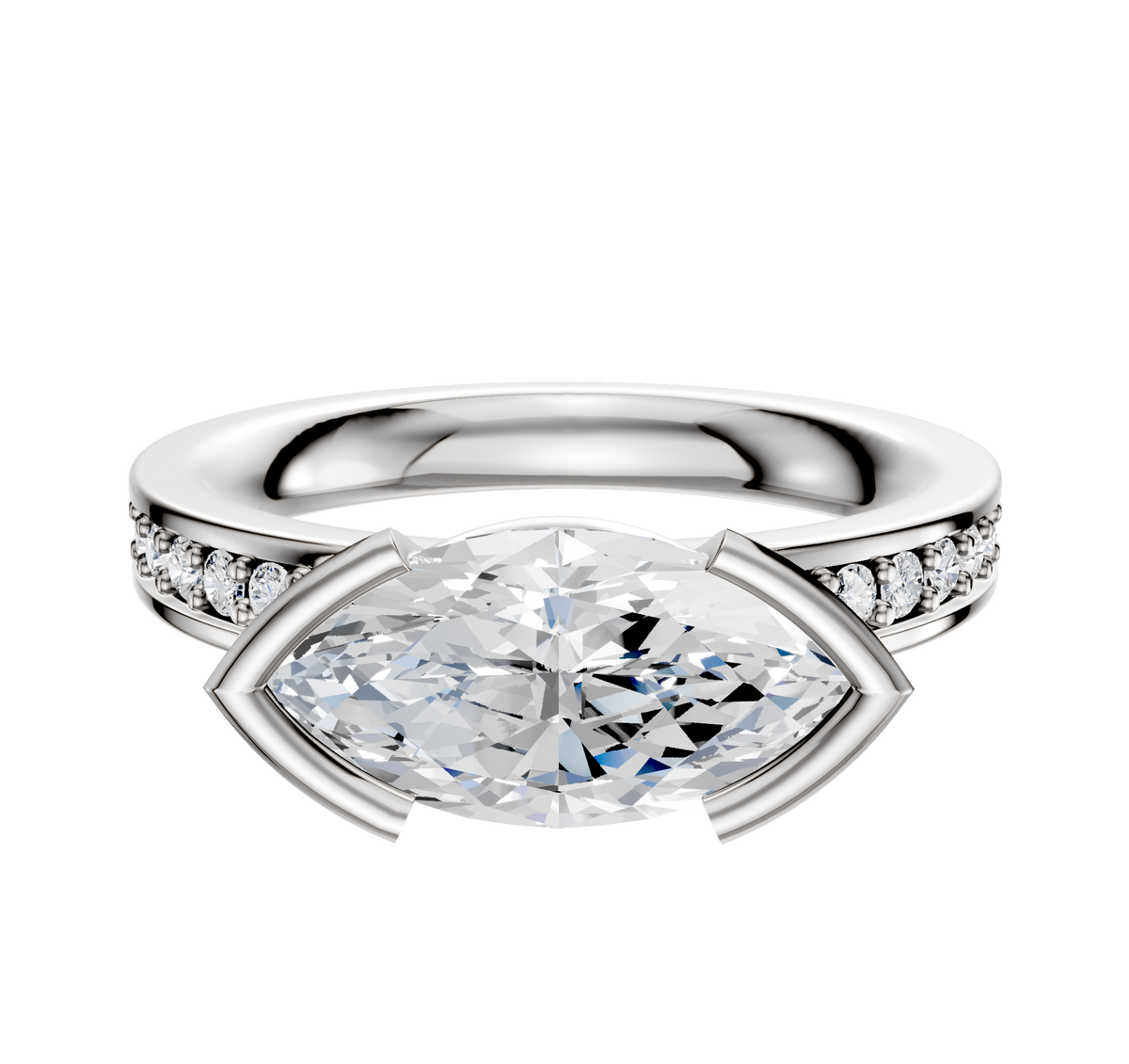The 14K White Gold Bezel Half Bezel East/West Classic Flat 1-Row-Pave 2.5mm Engagement Ring features a sleek east-west set center stone with a half bezel and a single row of sparkling pave-set diamonds along the band.