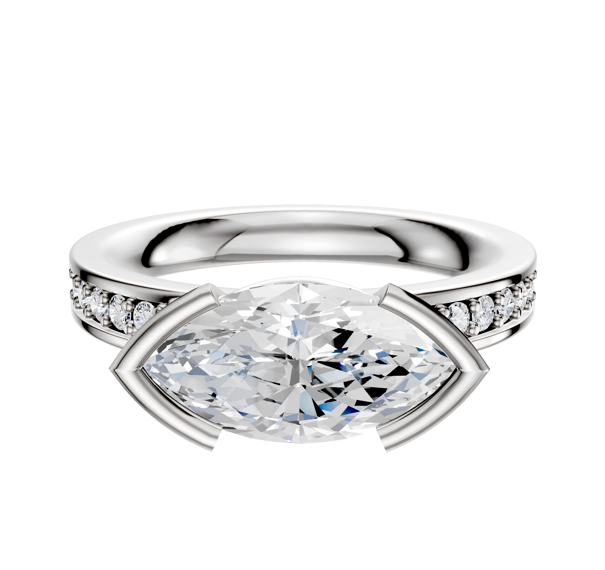 The 18K Two Tone Bezel Half Bezel East/West Classic Flat 1-Row-Pave 2.5mm Engagement Ring features a modern, elegant design with sparkling pave-set diamonds along the band, showcased against a plain white background.