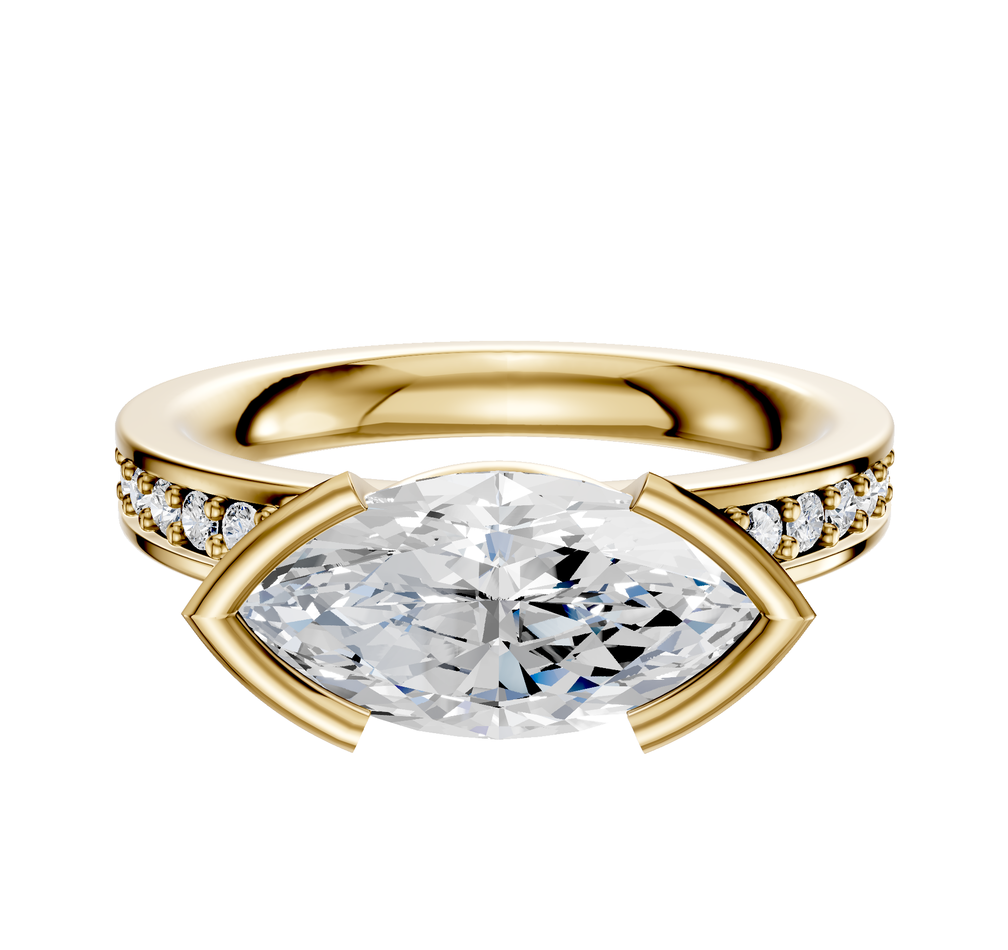 A 14K yellow gold engagement ring with a classic flat band and a 2.5mm east/west bezel-set design, featuring a single row of pave diamonds along the band.