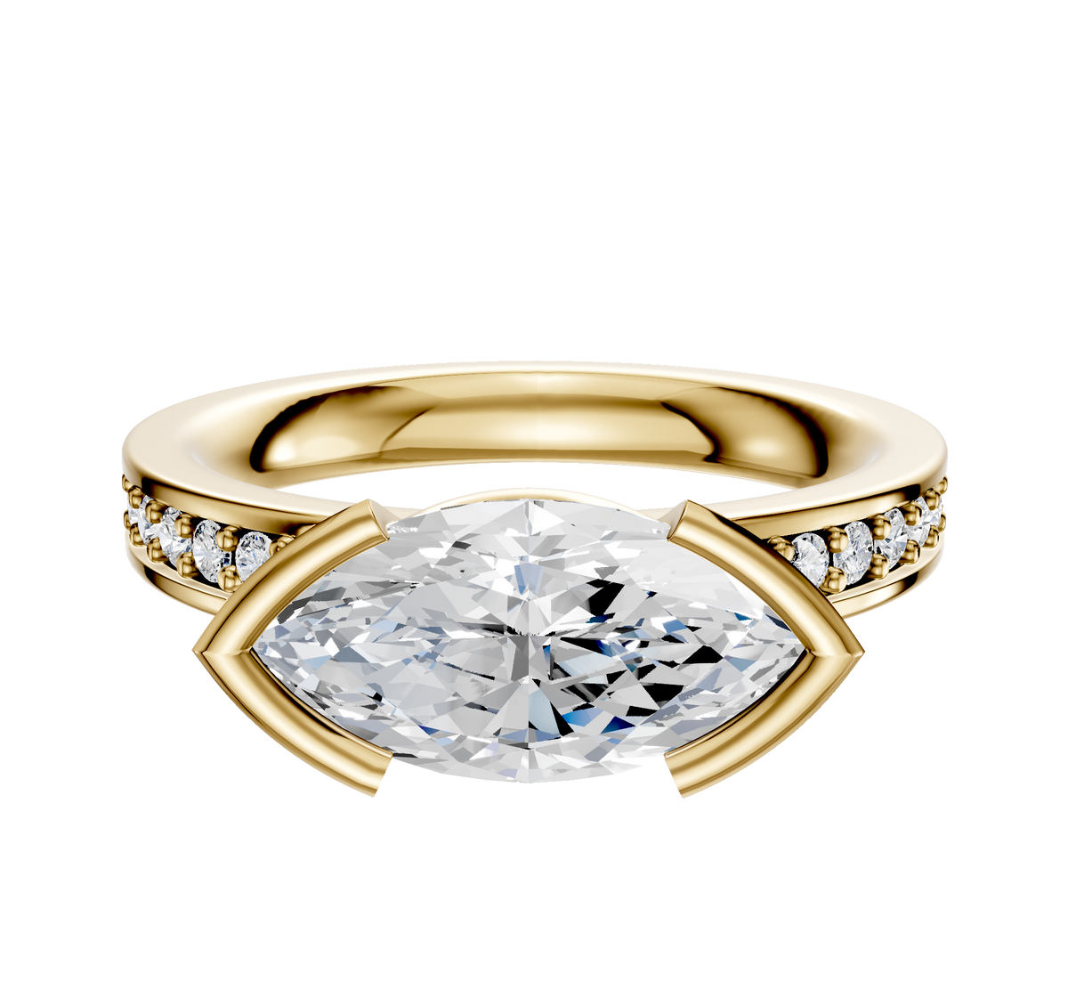 An 18K yellow gold Bezel Half Bezel East/West Classic Flat 1-Row-Pave 2.5mm engagement ring, featuring a marquise-cut diamond center and round pave diamonds along the band, displayed on a plain white background.