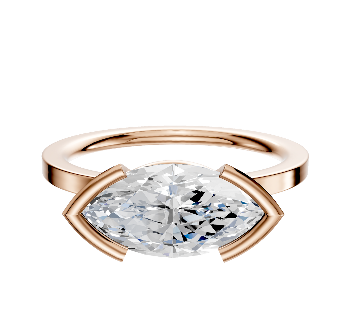 The 14K Rose Gold Bezel Half Bezel East/West Classic Flat 1.5mm Engagement Ring features a large marquise-cut diamond set horizontally with two curved prongs on each side, displayed against a plain white background.