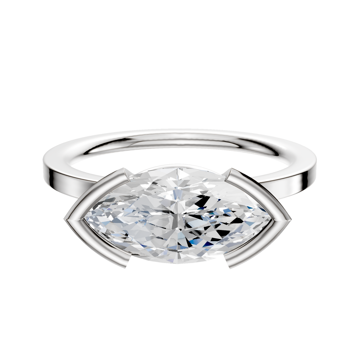 A 14K white gold engagement ring with a classic flat 1.5mm band features an east/west set gemstone in a half bezel setting, shown on a white background.