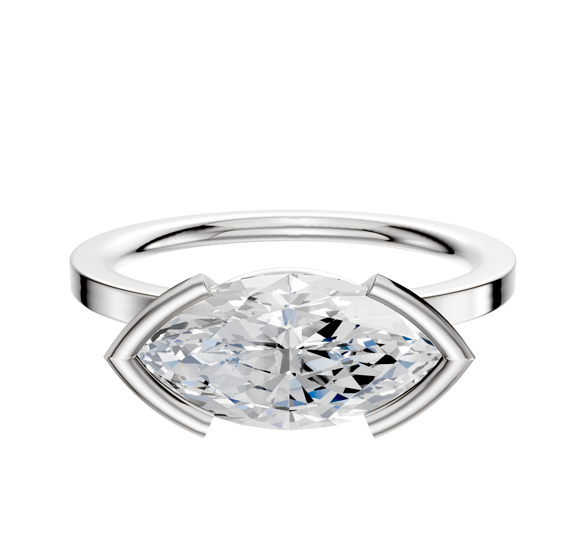 A 14K white gold engagement ring with a classic flat 1.5mm band features an east/west set gemstone in a half bezel setting, shown on a white background.