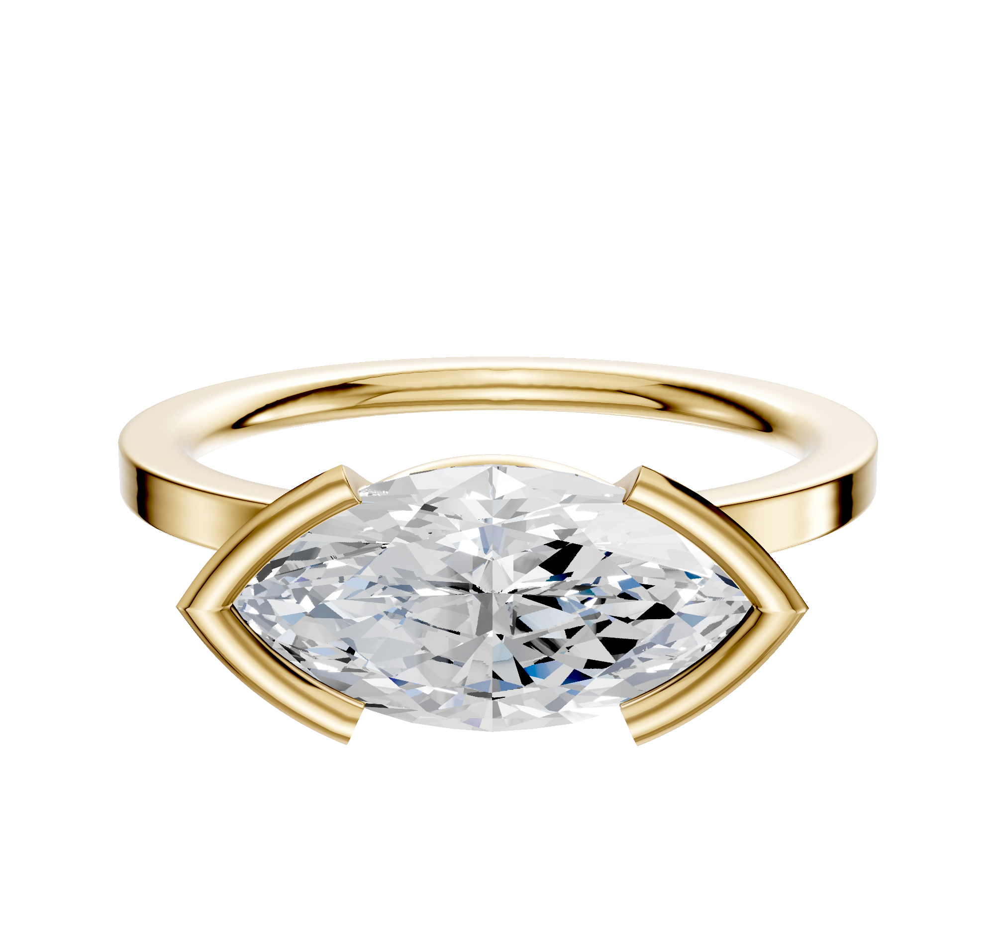The 14K Yellow Gold Bezel Half Bezel East/West Classic Flat 1.5mm Engagement Ring features a large marquise-cut diamond in a modern setting with two gold prongs, shown on a plain white background.