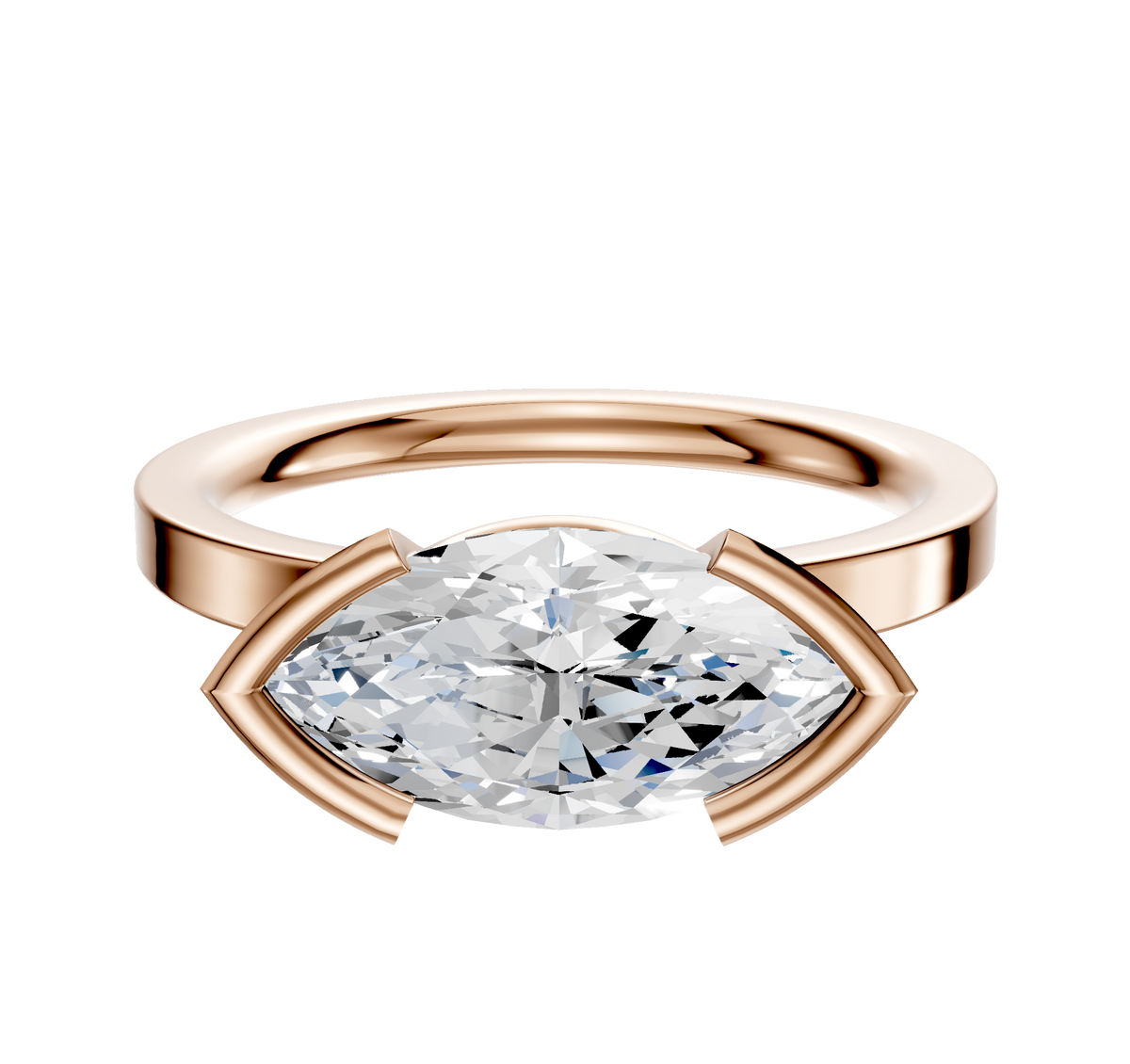 The 18K Rose Gold Bezel Half Bezel East/West Classic Flat 2.0mm Engagement Ring features a bold, marquise-cut clear gemstone secured in a four-prong setting, displayed against a plain white background.