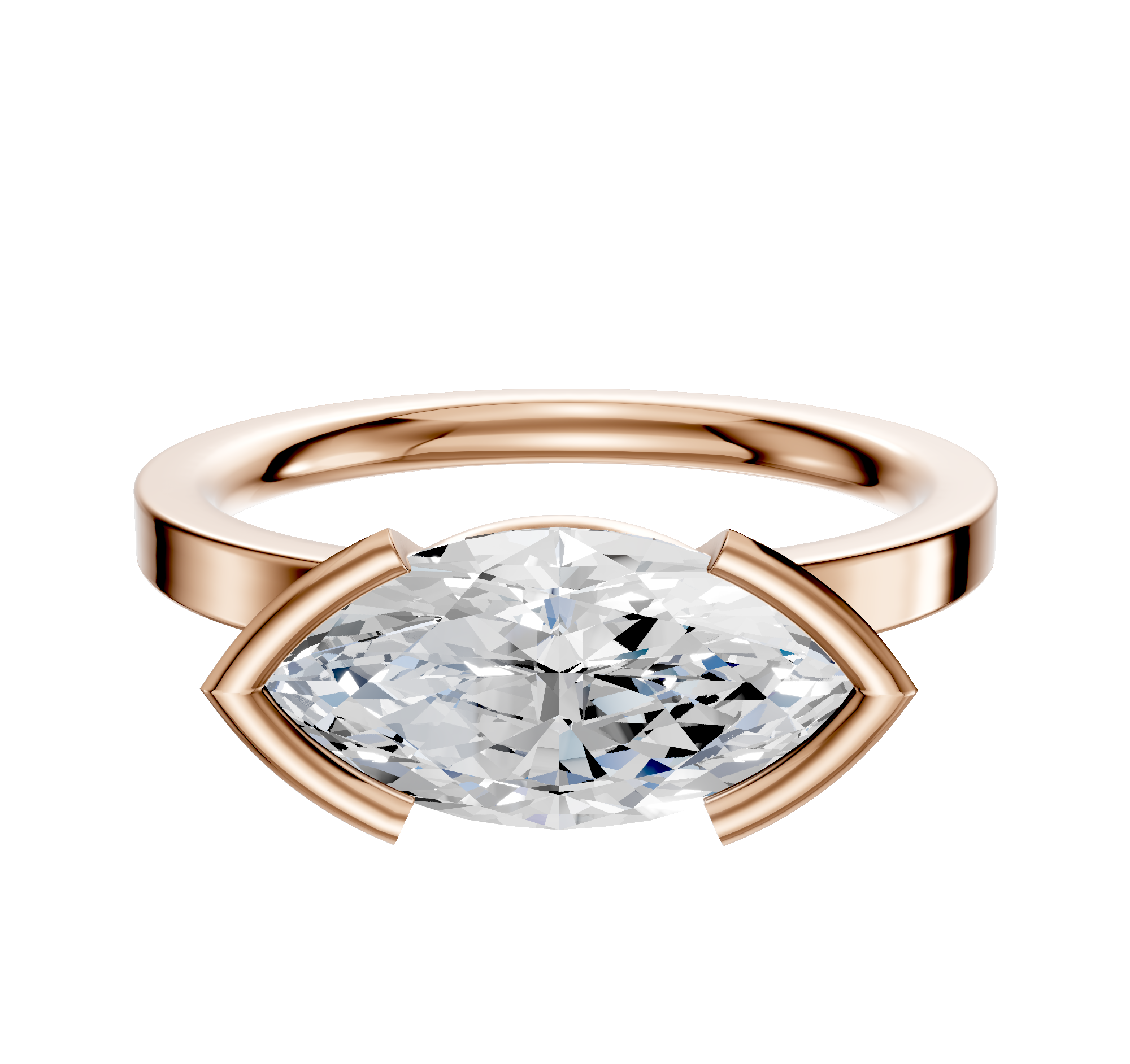 The 18K Rose Gold Bezel Half Bezel East/West Classic Flat 2.0mm Engagement Ring features a bold, marquise-cut clear gemstone secured in a four-prong setting, displayed against a plain white background.